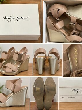 Sergio Zelcer Blush Nude Wedge Sandals with Metallic Gold Wedge